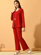 Myshka Women's Red Solid Coat With Trousers | Grocsy