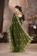 Vastranavya Gold Crunchy Multi Colour Threads Embroidery Work with Sequins Work Saree with Blouse material - Mehendi | Grocsy