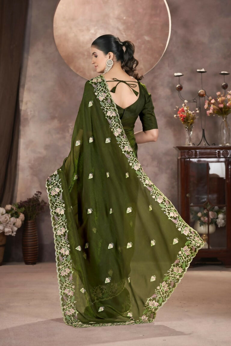 Vastranavya Gold Crunchy Multi Colour Threads Embroidery Work with Sequins Work Saree with Blouse material - Mehendi | Grocsy