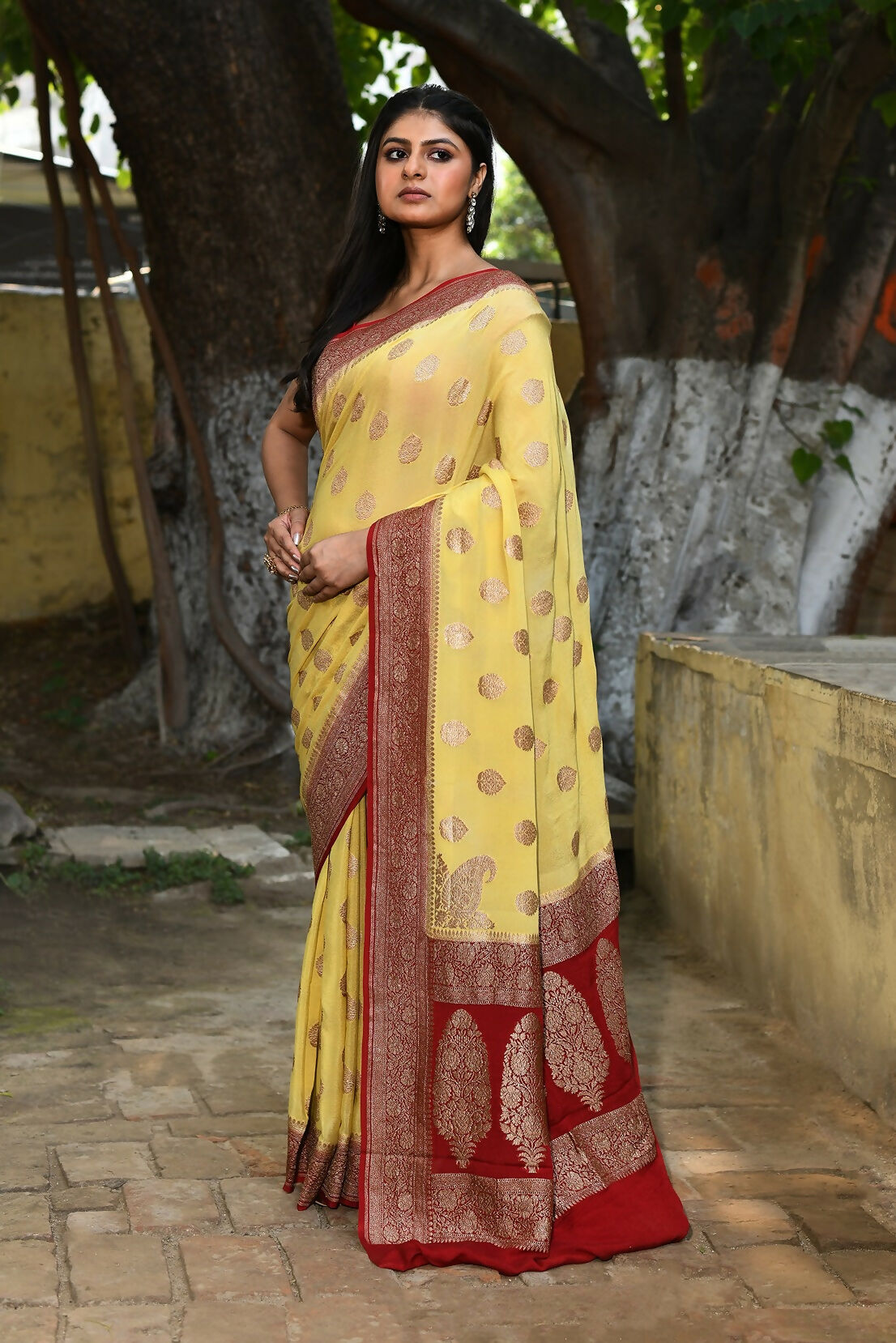 Joban Fashion Pale Yellow Crepe Chiffon Pure Handloom Banarasi Silk Saree | Grocsy