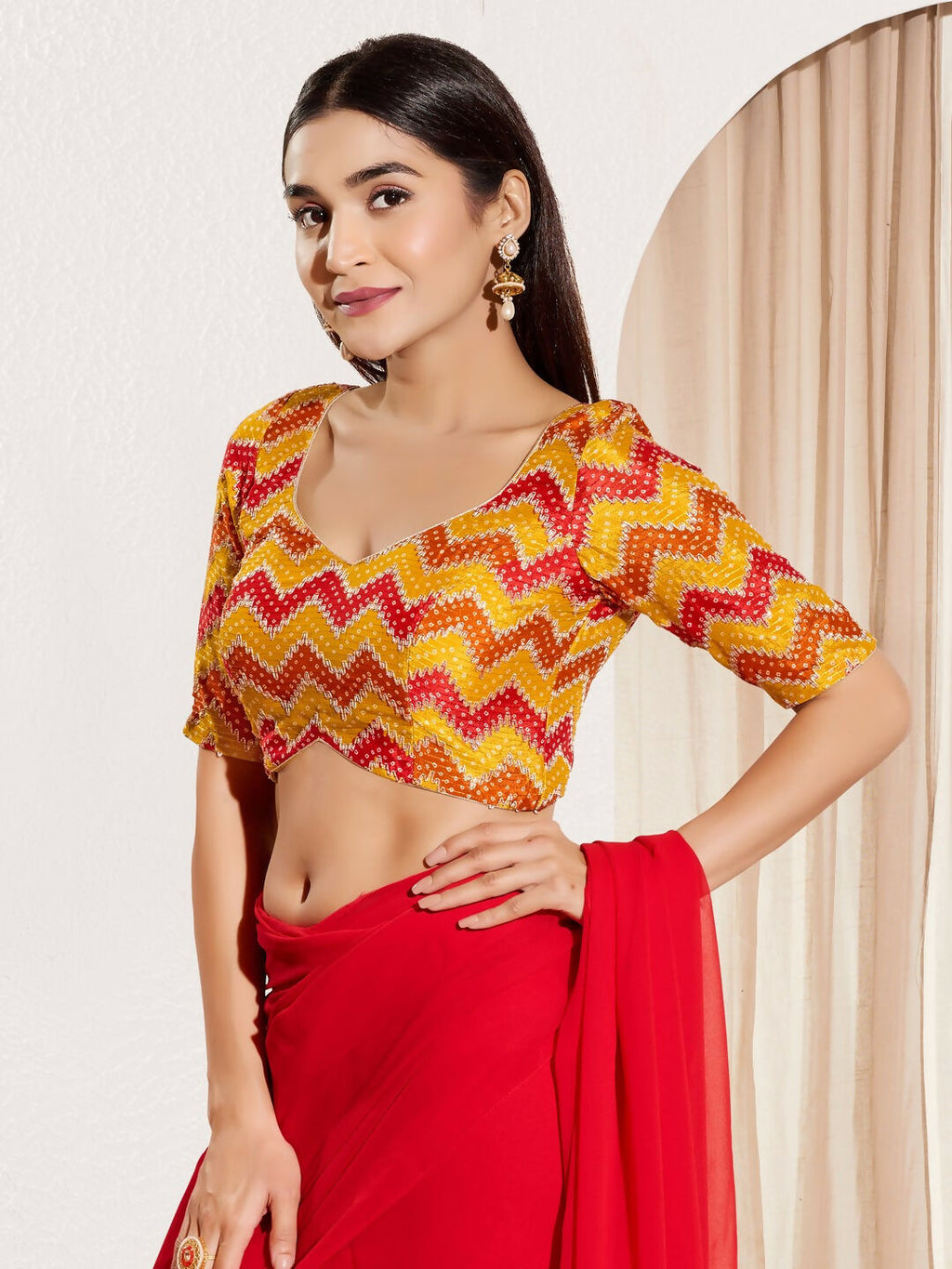 Joban Fashion Yellow Chiffon Padded Blouse With Square Neck Elbow Sleeves | Grocsy