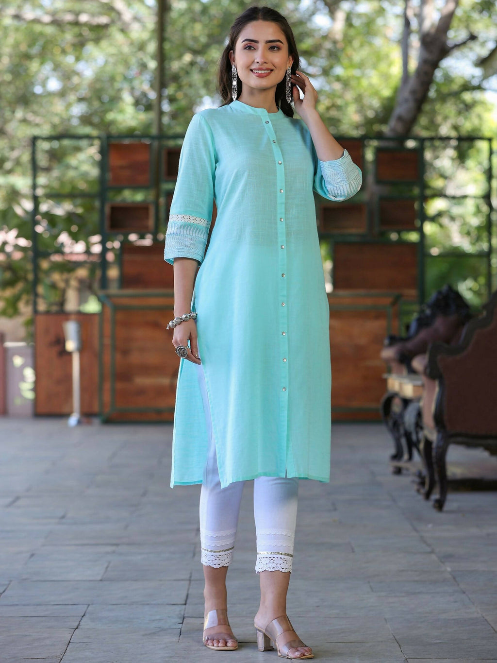 Juniper Women's Seagreen Cotton Slub Embroidered Straight Kurta | Grocsy