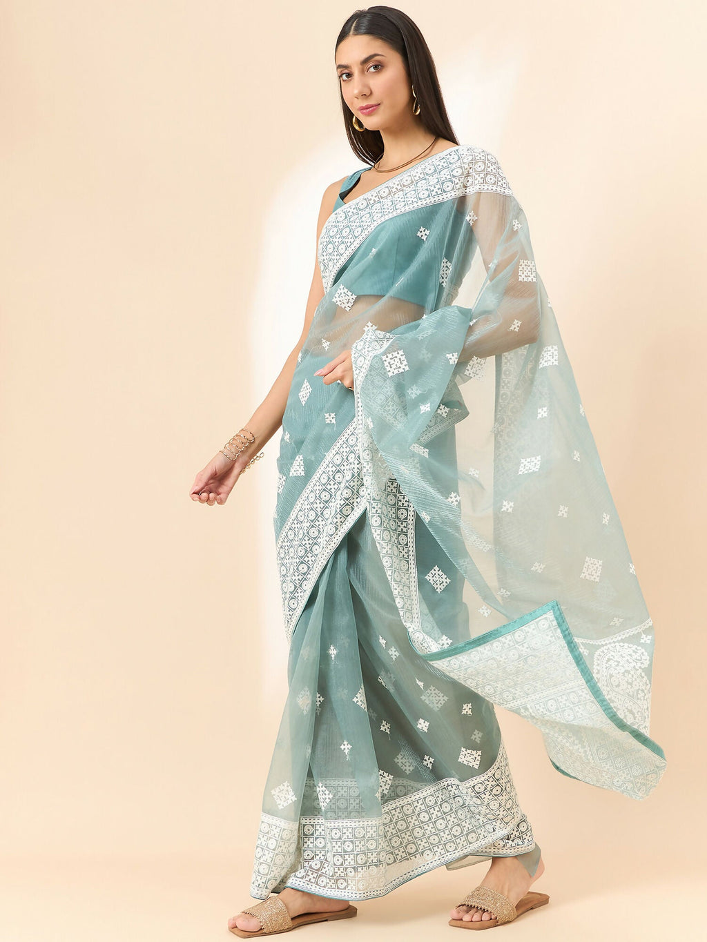 Blue Organza Geometric Embroidered Saree with Unstitched Blouse Piece - Roozal | Grocsy