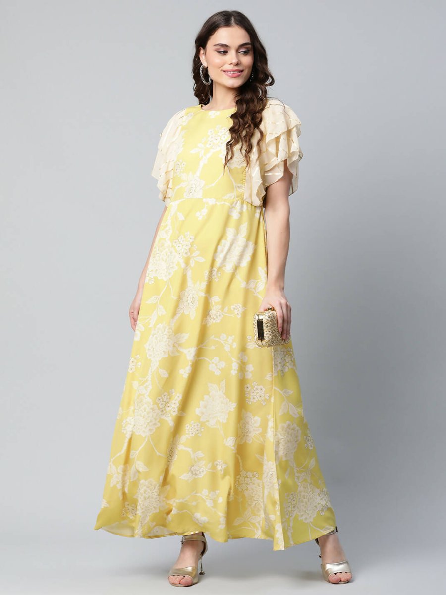 Ahalyaa Womens Lemon Yellow Crepe Floral Dress | Grocsy