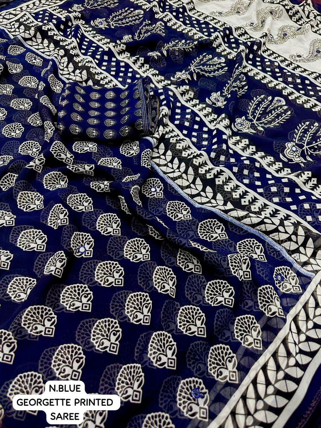 Navy Blue Poly Georgette Ajrak Saree with Unstitched Blouse - A2M | Grocsy