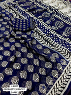 Navy Blue Poly Georgette Ajrak Saree with Unstitched Blouse - A2M | Grocsy