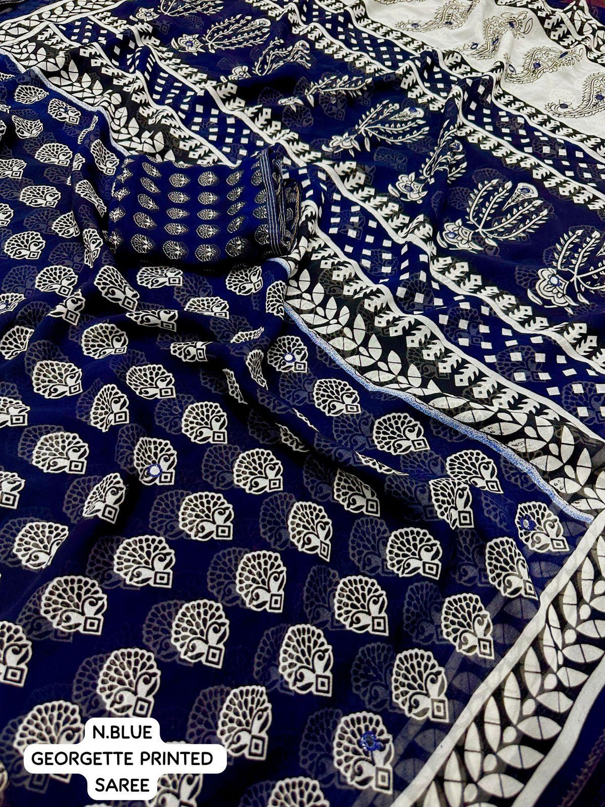 Navy Blue Poly Georgette Ajrak Saree with Unstitched Blouse - A2M | Grocsy