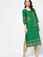 Cheera Hand Block Print Green Color Straight Kurta | Grocsy