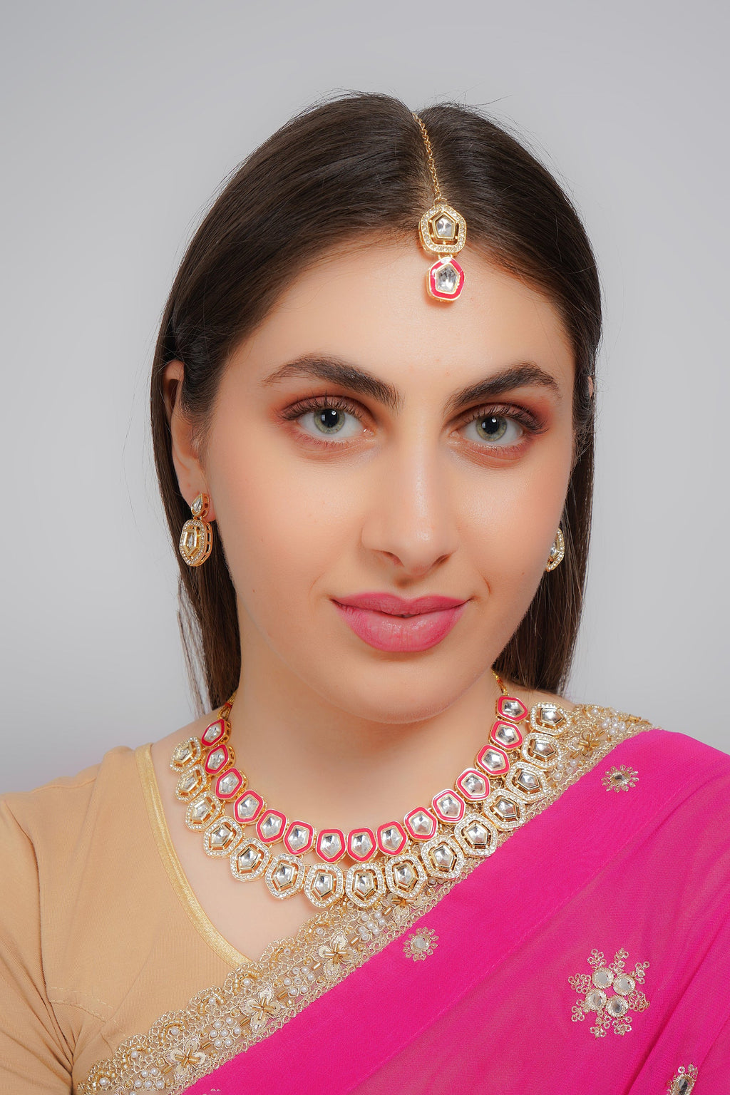 Divisha Alloy Gold-plated Pink Meenakari Kundan Jewellery Set | Grocsy