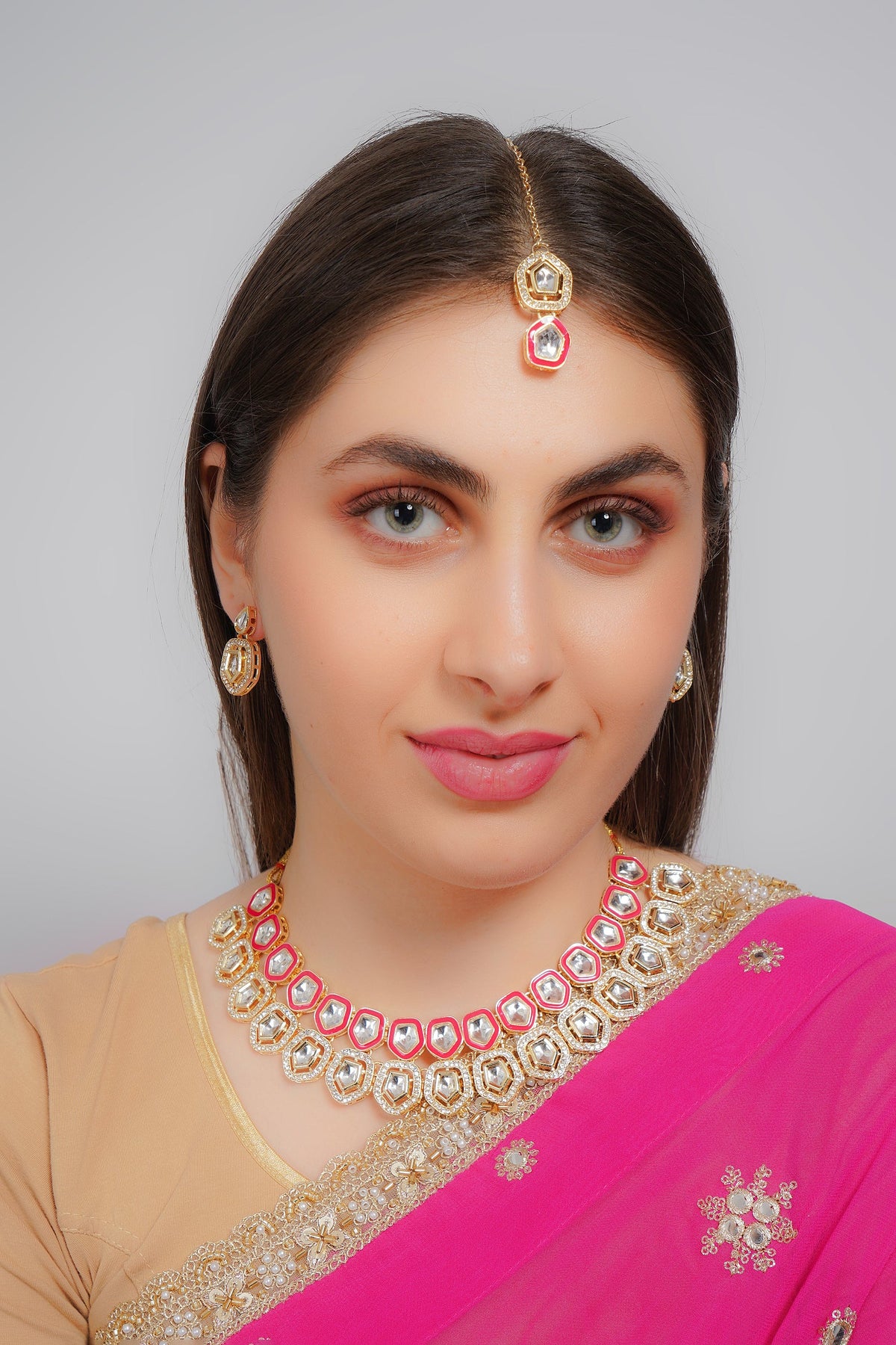 Divisha Alloy Gold-plated Pink Meenakari Kundan Jewellery Set | Grocsy