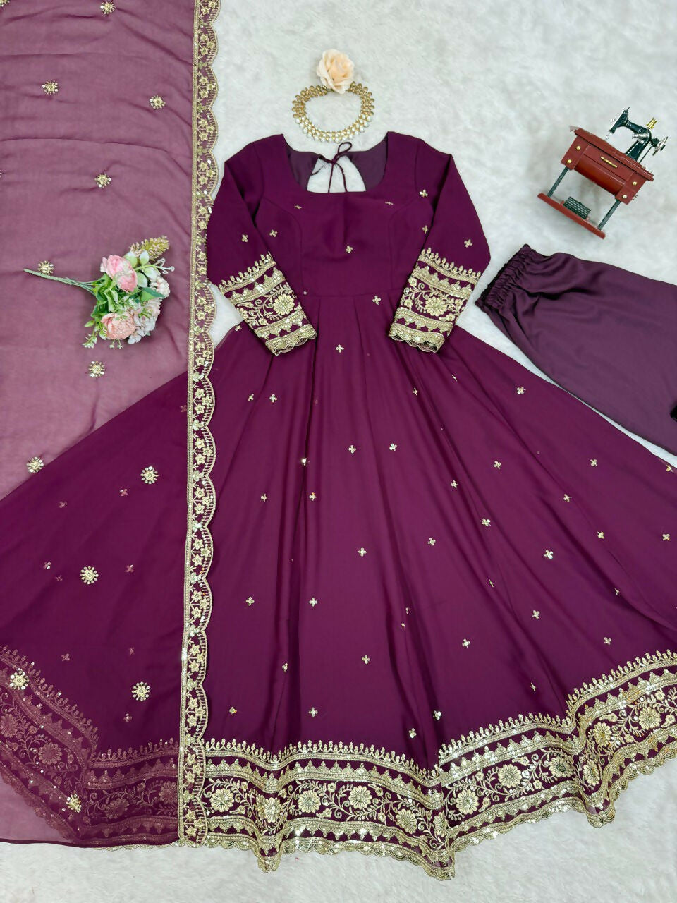 The52 Women's Beautiful Faux Georgette Fabric Embroidery Work Flared Anarkali Pant and Dupatta Set | Grocsy