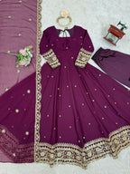 The52 Women's Beautiful Faux Georgette Fabric Embroidery Work Flared Anarkali Pant and Dupatta Set | Grocsy