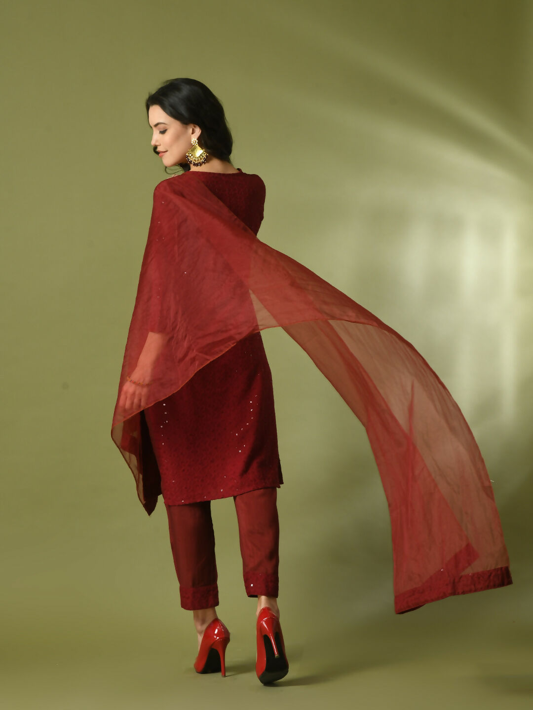 Myshka Women's Maroon Embroidered Cotton Straight Party Kurta Set With Dupatta | Grocsy
