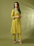 Myshka Women's Yellow Printed Cotton Straight Party Kurta Set | Grocsy