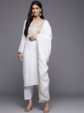 Ahalyaa Women White Ethnic Motifs Embroidered Aari Work Pashmina Kurta with Salwar & With Dupatta | Grocsy