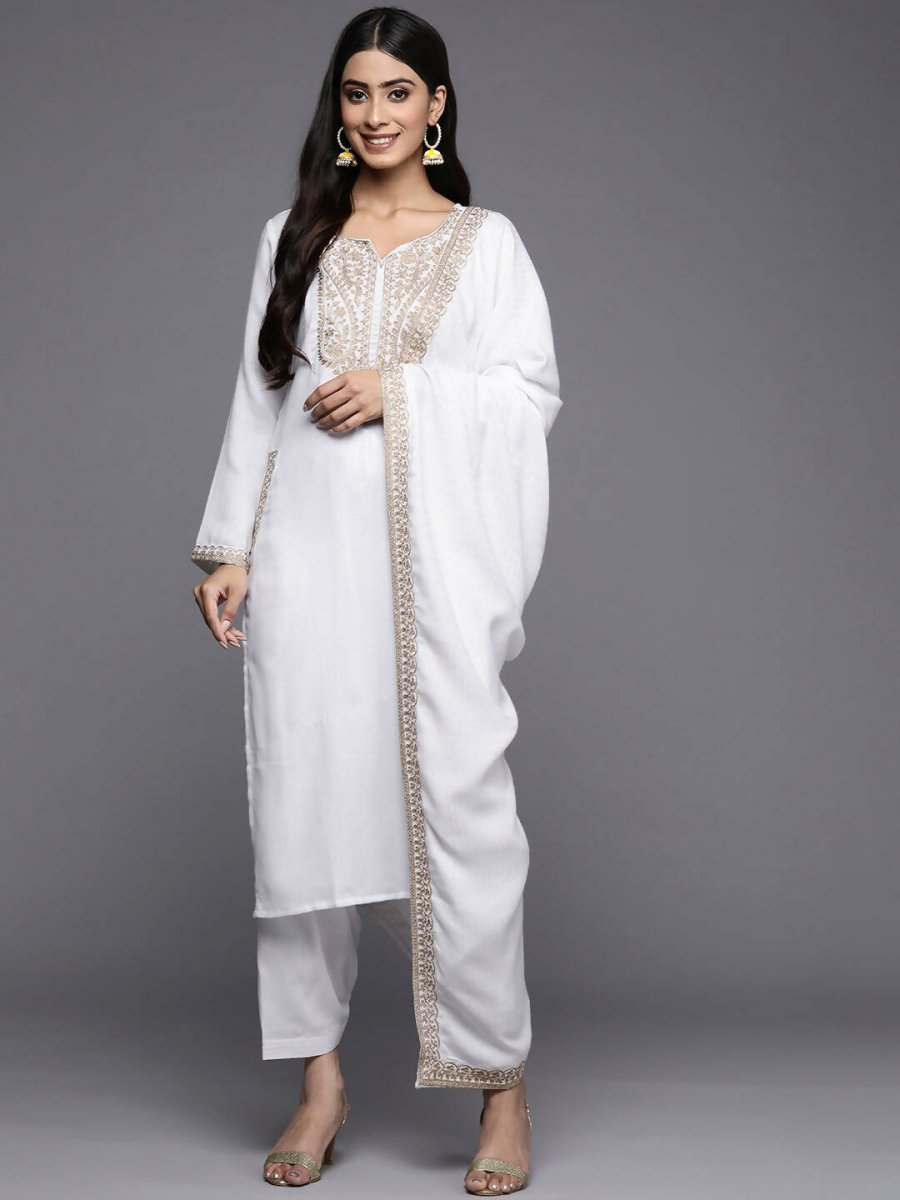 Ahalyaa Women White Ethnic Motifs Embroidered Aari Work Pashmina Kurta with Salwar & With Dupatta | Grocsy
