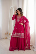 Lehenga Mart Designer Sharara Suit With Kurta, Sharara, Dupatta For Women-Dark Rani | Grocsy