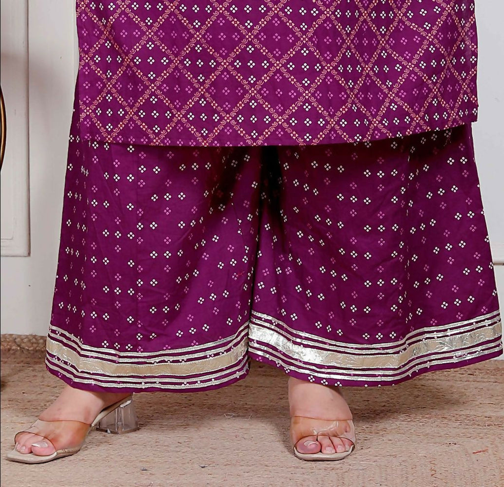 Miravan Plus Size Magenta Embroidered Cotton Kurta With Palazzo And Dupatta | Grocsy