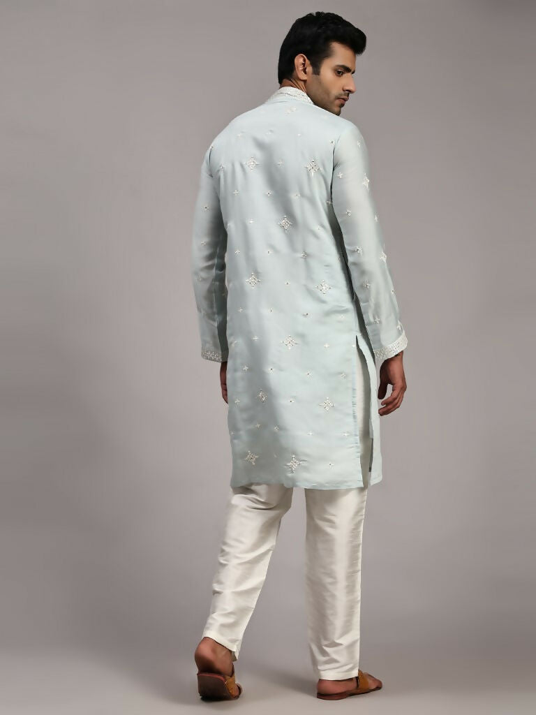 Light Blue Silk Designer Embroidery Work Men's Rajwadi Kurta Set - Mahotsav | Grocsy