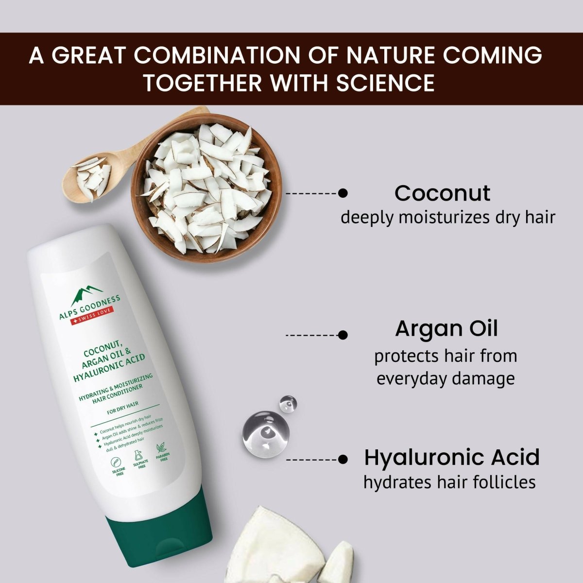 Alps Goodness Coconut, Argan Oil & Hyaluronic Acid Hydrating & Moisturizing Conditioner | Grocsy