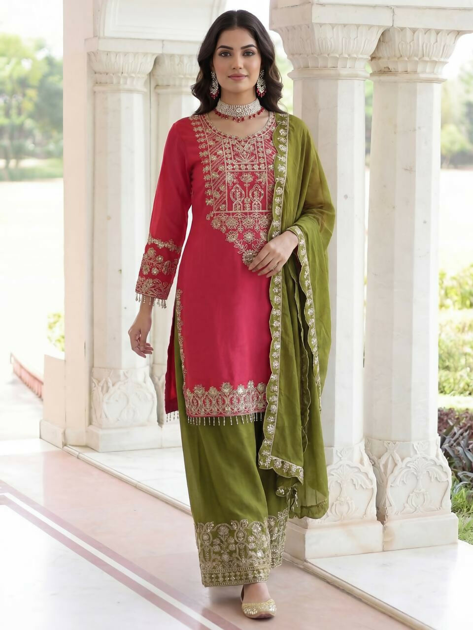 Joban Fashion Pink Silk Embroidered Sharara Set | Grocsy