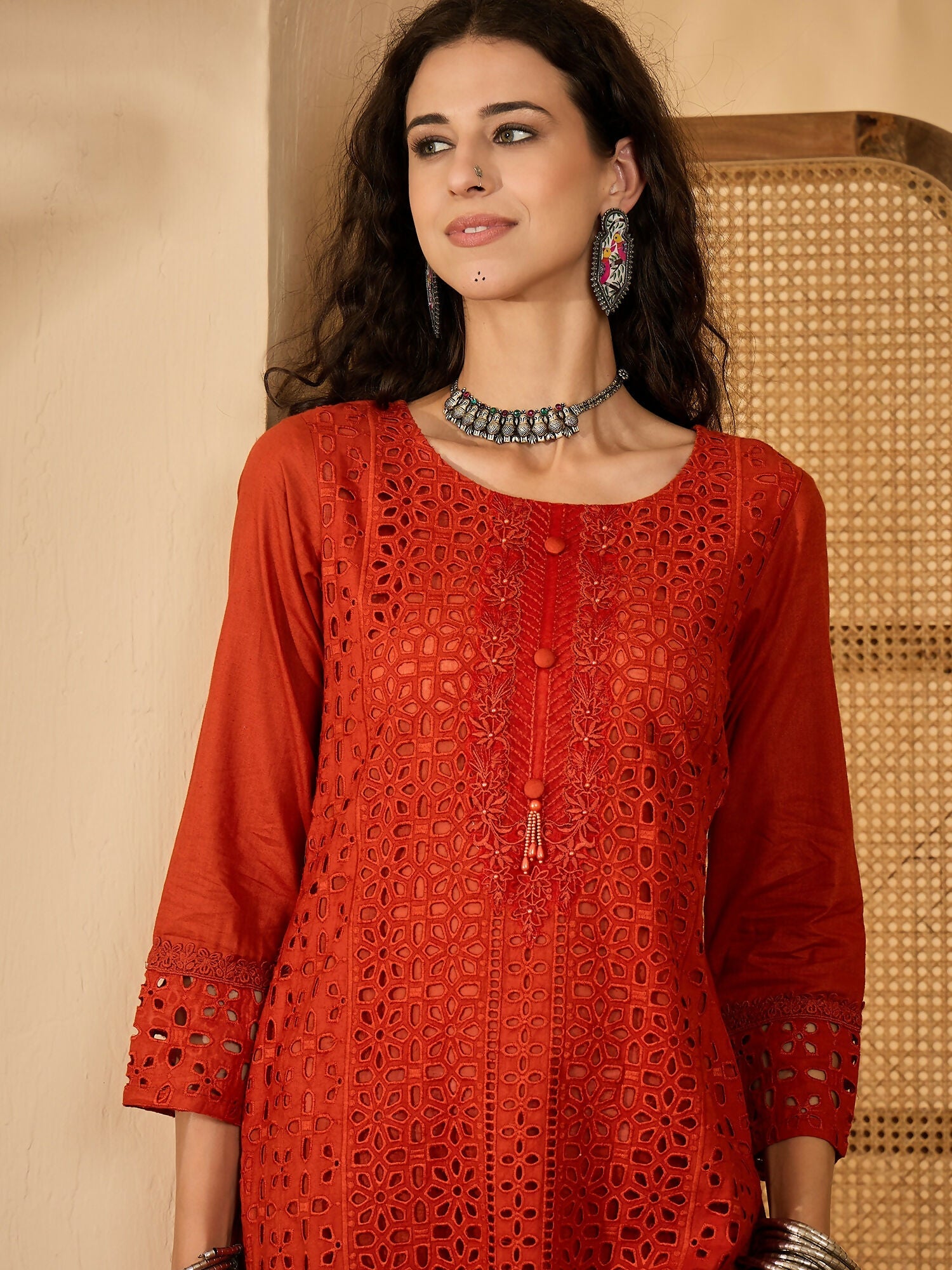 Joban Fashion Embroidery Rust Pure Cotton Cord Set | Grocsy
