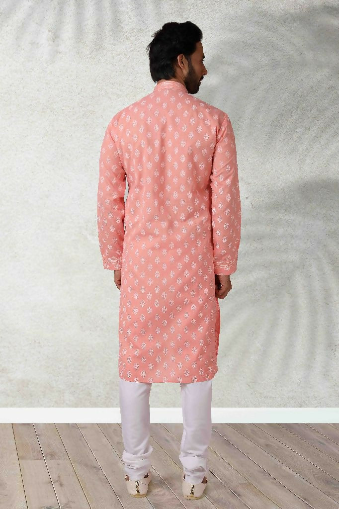 Raivat Ethnic Cotton Printed Work Kurta Pajama In Pink Colour | Grocsy