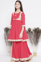 Little Bansi Floral Embroidery Jacket With Cotton Kantha Frock Sharara And Dupatta With Ghungroo Handwork - Red | Grocsy