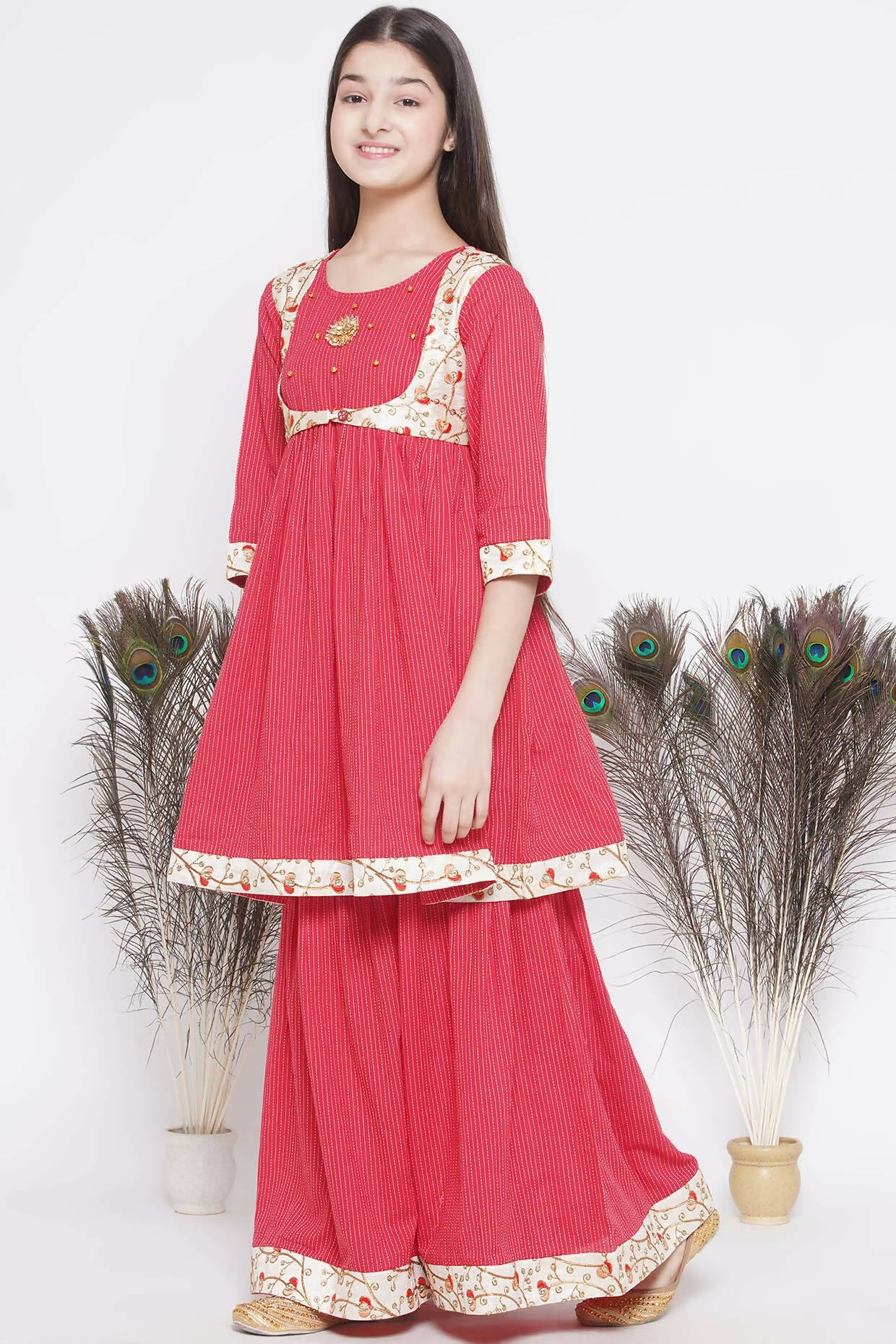 Little Bansi Floral Embroidery Jacket With Cotton Kantha Frock Sharara And Dupatta With Ghungroo Handwork - Red | Grocsy