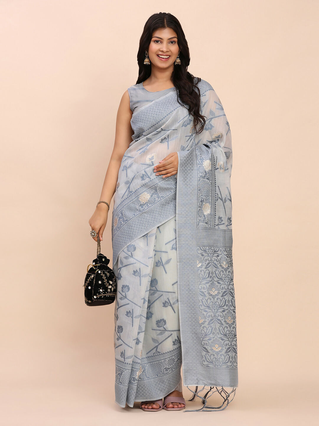 Shree Shyam Fashion Linen Cotton Grey Saree | Grocsy