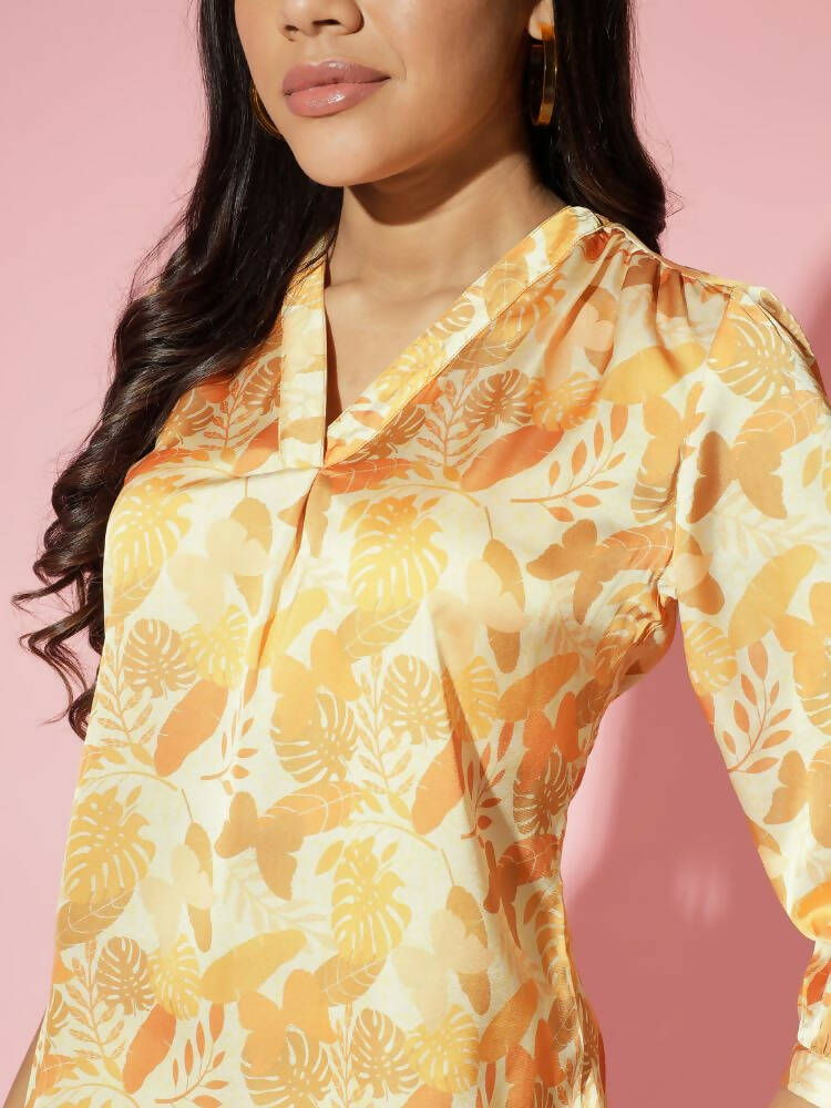 Myshka Women Mustard Floral V-Neck Regular Sleeves Polyester Top | Grocsy