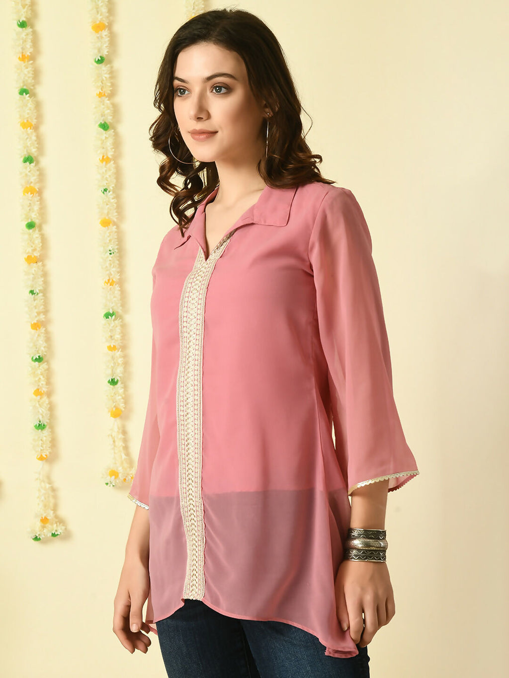 Myshka Women's Pink Embroidered Party Fusion Top | Grocsy