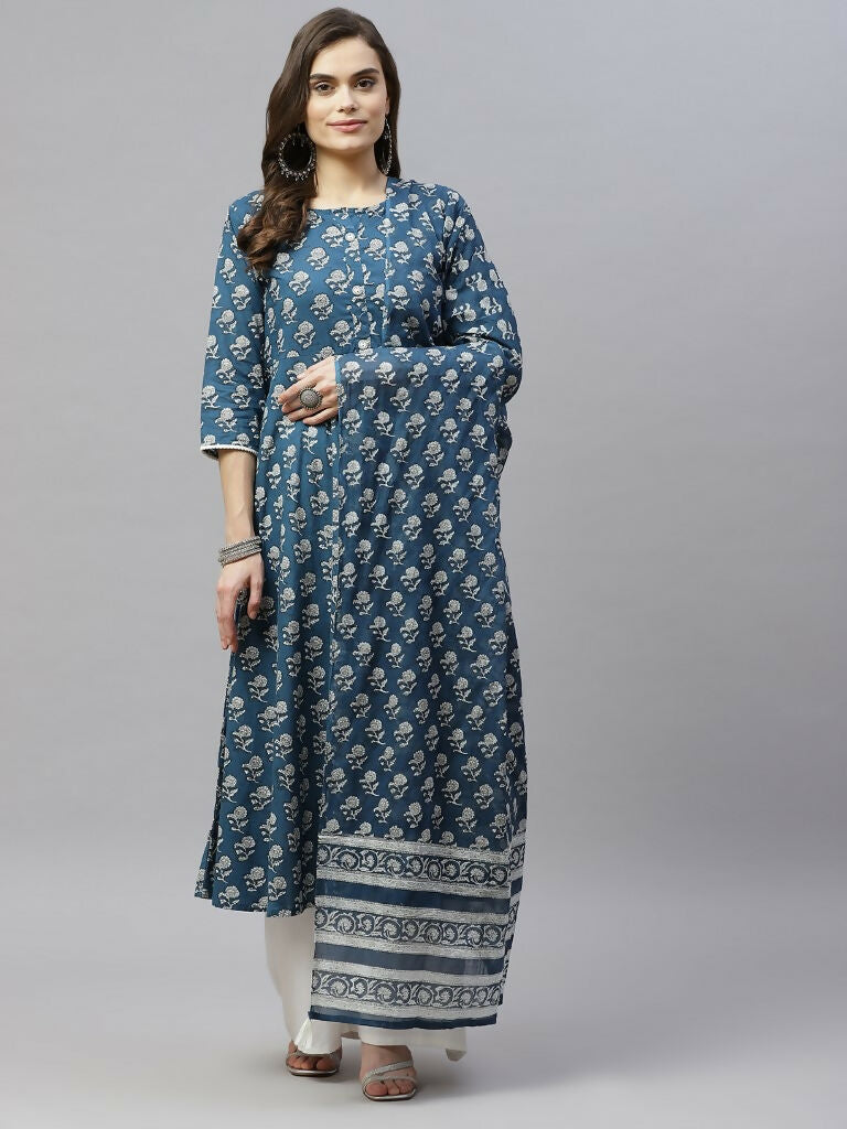 Miravan Women's Cotton Floral Print Anarkali Kurta With Dupatta | Grocsy