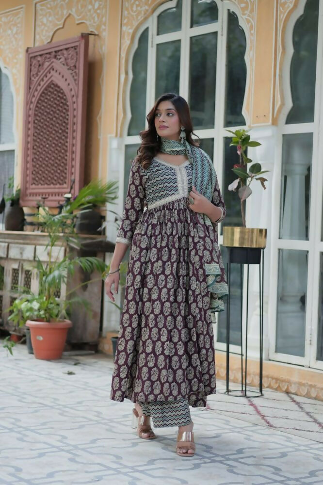 Vastranavya Wine Pure Cotton Printed Top with Pant & Dupatta Set | Grocsy