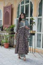 Vastranavya Wine Pure Cotton Printed Top with Pant & Dupatta Set | Grocsy