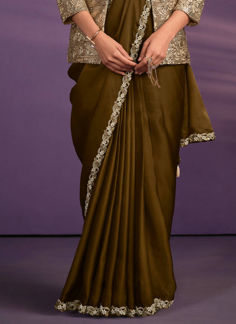 Olive Crepe Shimmer Silk Embroidered Saree With Stitched Blouse - Mohmanthan Exotica | Grocsy