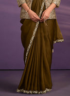 Olive Crepe Shimmer Silk Embroidered Saree With Stitched Blouse - Mohmanthan Exotica | Grocsy