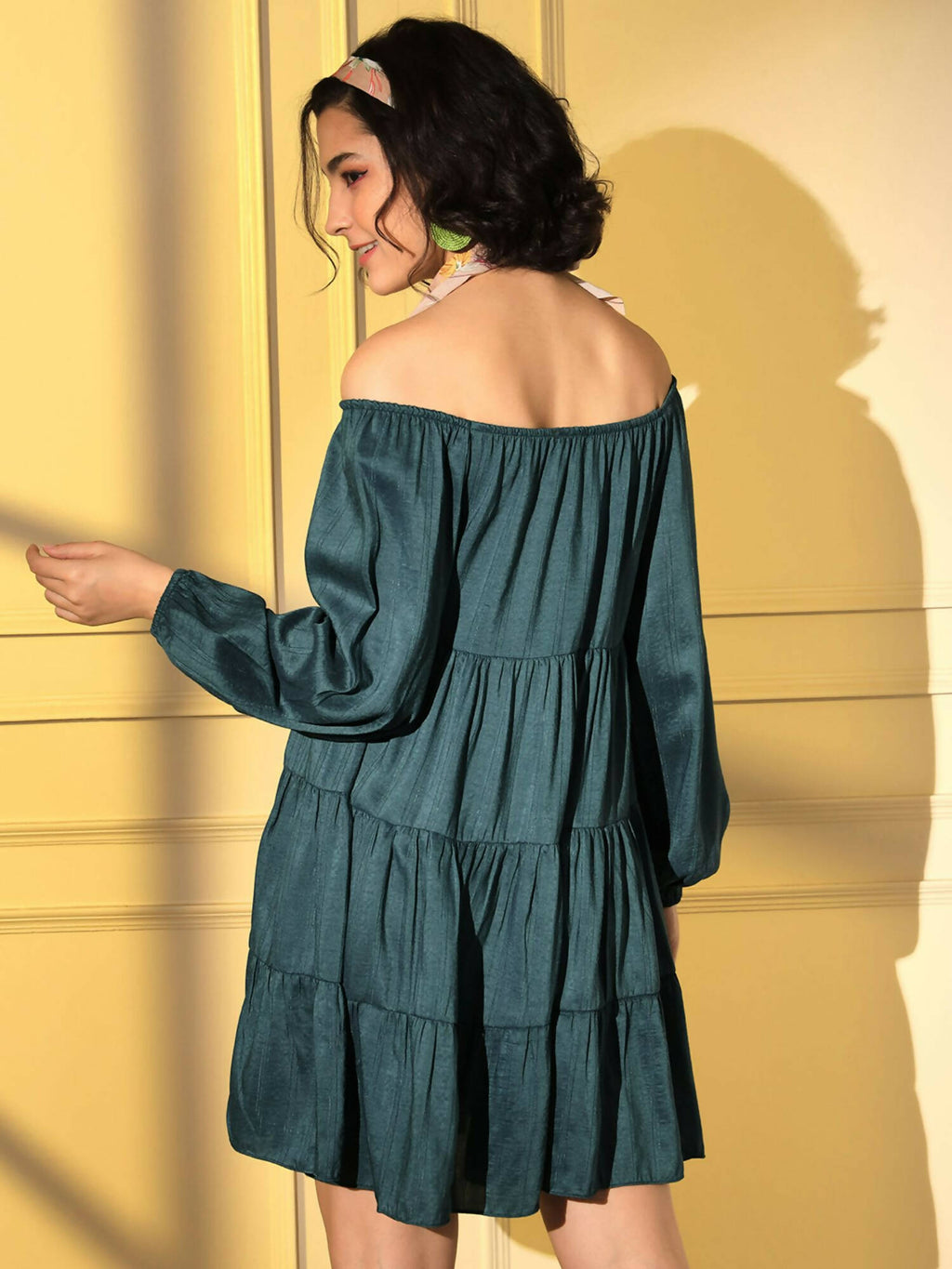 Teal Viscose Solid Design Flared Dress - Shivani | Grocsy