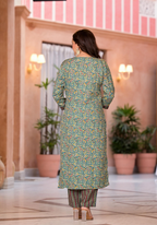 Juniper Women's Rama Green Cotton Ethnic Motif Printed Kurta Set With Sequins & Thread Work | Grocsy