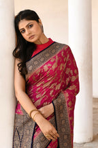 Joban Fashion Hot Pink Crepe Chiffon Pure Handloom Banarasi Silk Saree | Grocsy