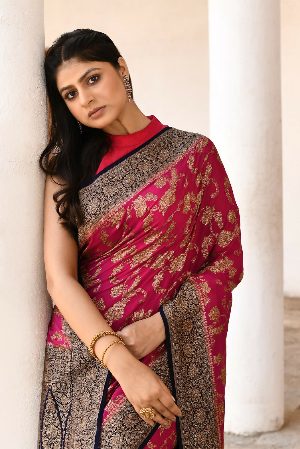 Joban Fashion Hot Pink Crepe Chiffon Pure Handloom Banarasi Silk Saree | Grocsy