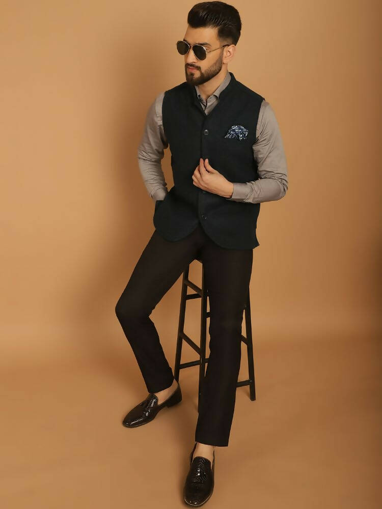 Even Apparels Pure Wool Nehru Jacket - Green | Grocsy