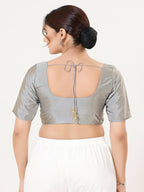 Joban Fashion Grey Taffeta Silk Elbow Sleeveless Front Open Blouse | Grocsy