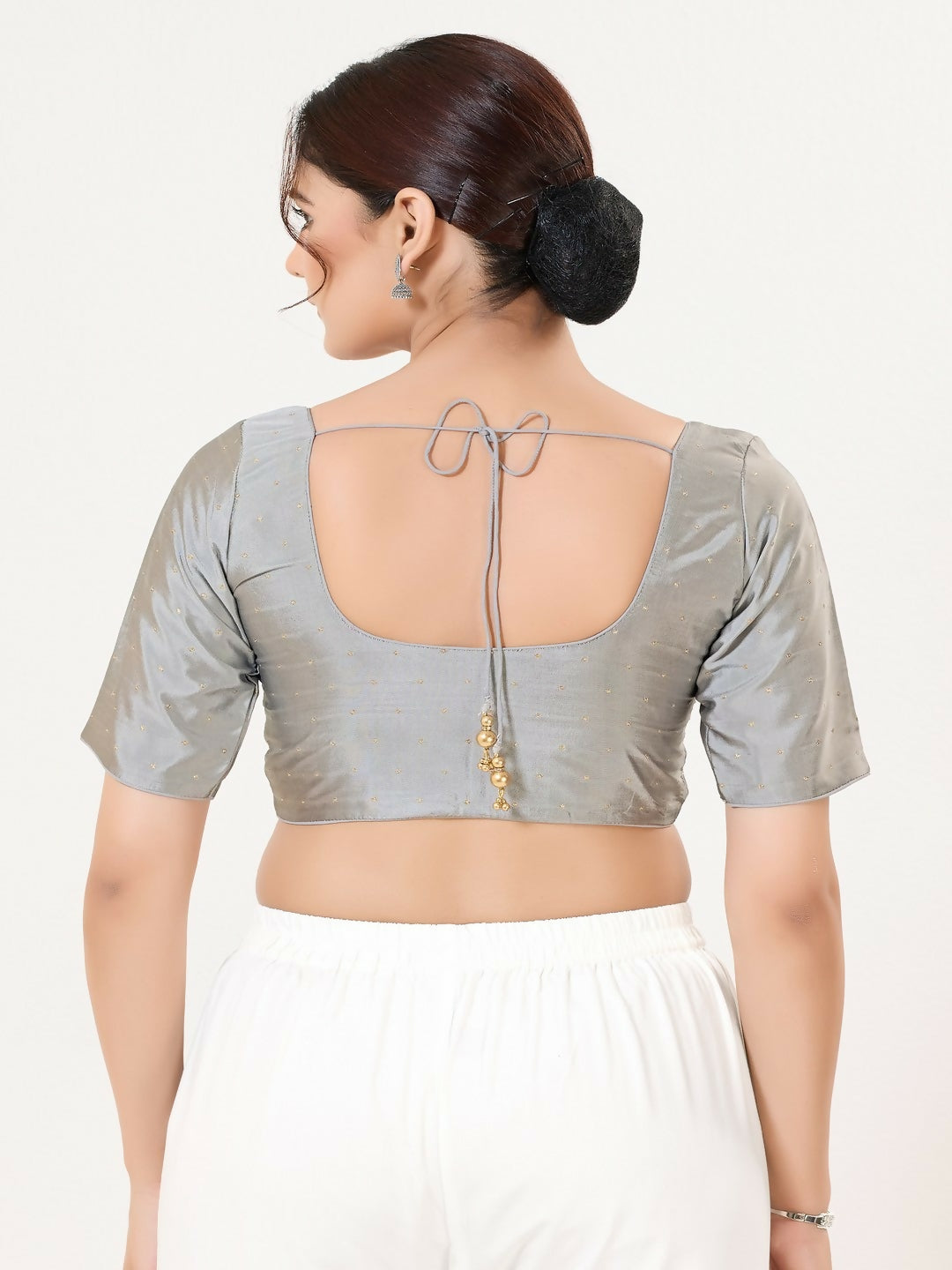 Joban Fashion Grey Taffeta Silk Elbow Sleeveless Front Open Blouse | Grocsy