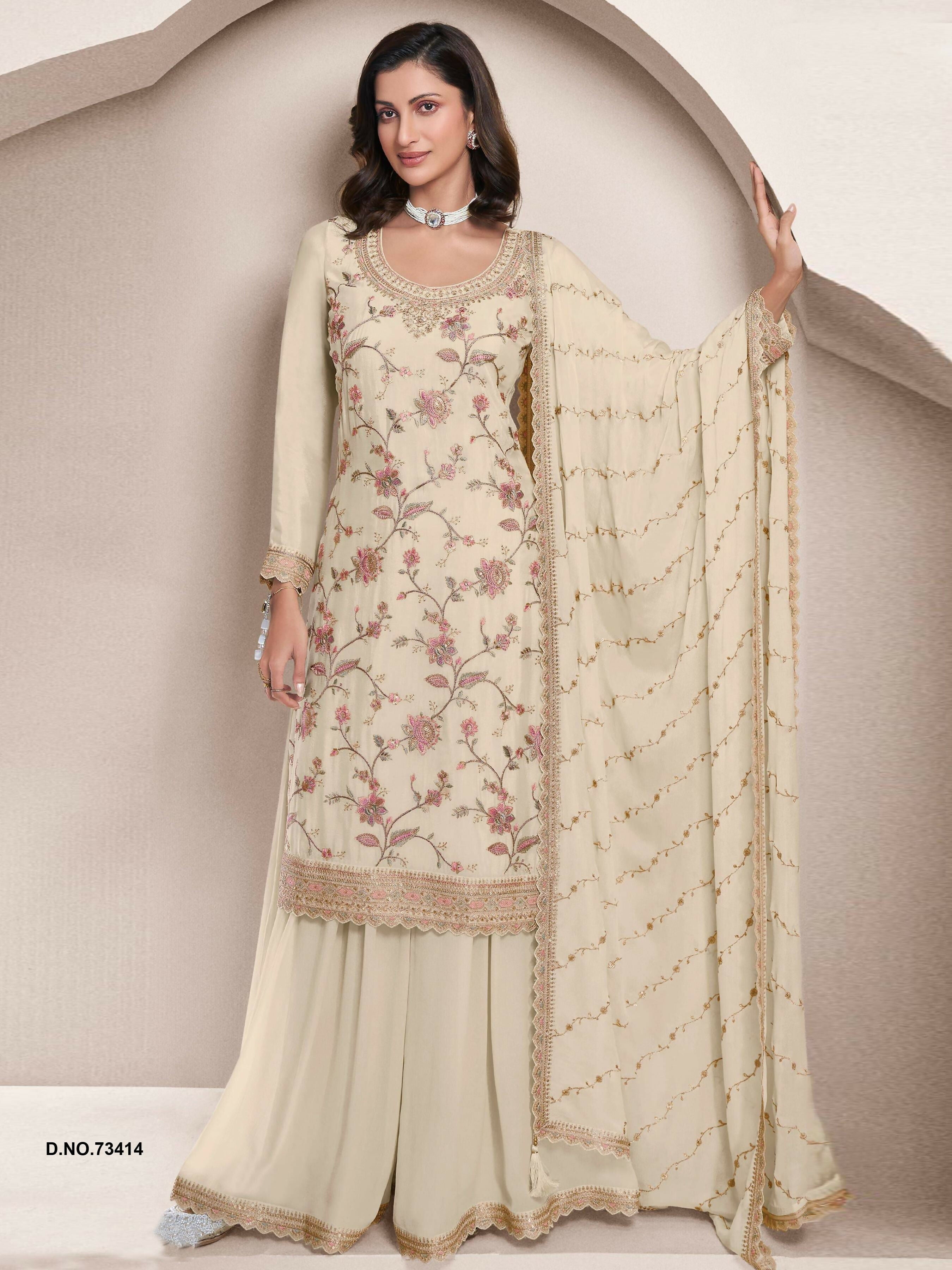 Anaita Off White Heavy Chinon With Embroidery Sharara Suit (bottom Stitched) | Grocsy
