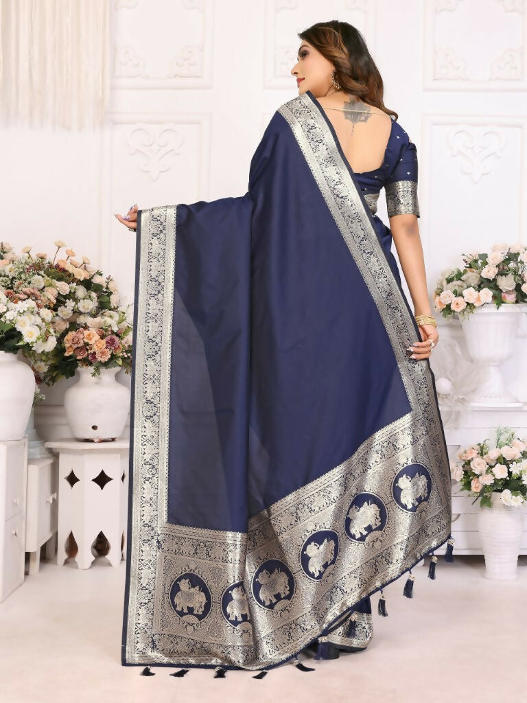 Anaita Navy Blue Banarasi Silk With Beautiful Gala Weaving Saree With Blouse | Grocsy
