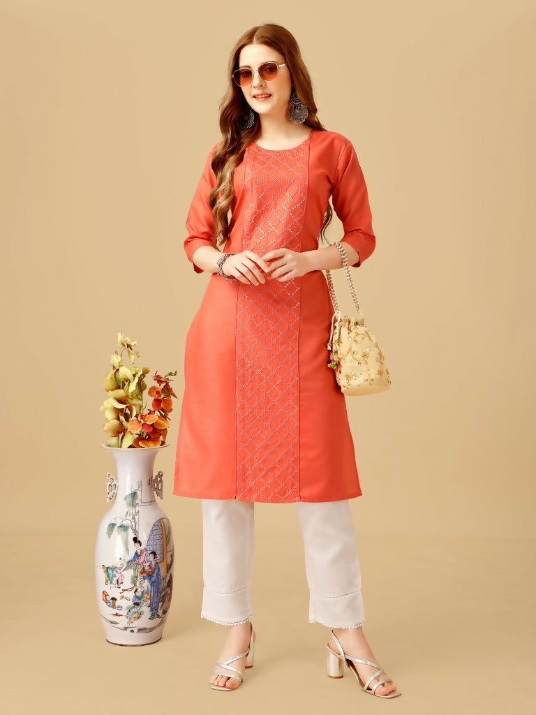 Jyoti Fashion Women's Coral Cotton Blend Embroidered Kurta Pant Set | Grocsy