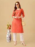 Jyoti Fashion Women's Coral Cotton Blend Embroidered Kurta Pant Set | Grocsy