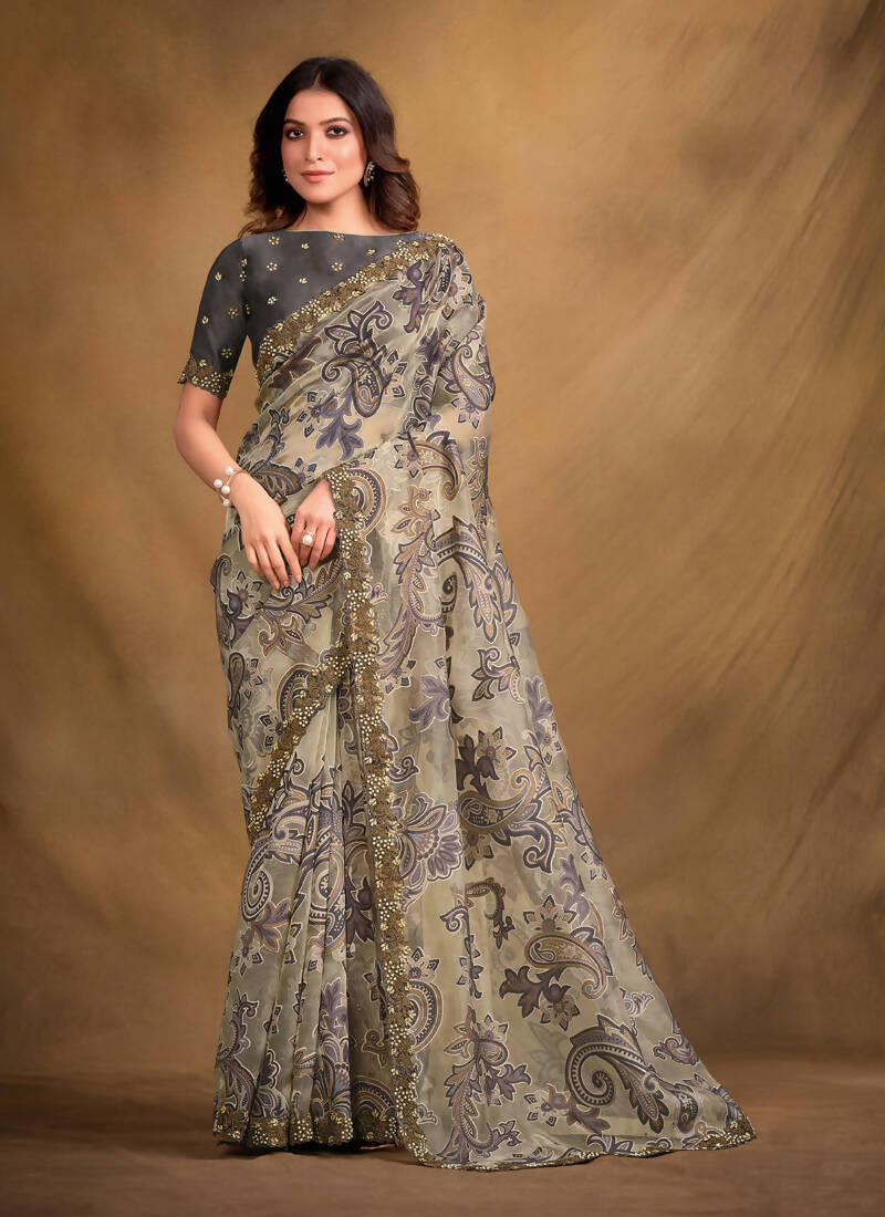 Grey Burning Tissue Designer Saree with Unstitched Blouse - Norita Mahitha | Grocsy