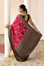 Joban Fashion Fuchsia Crepe Chiffon Pure Handloom Banarasi Silk Saree | Grocsy